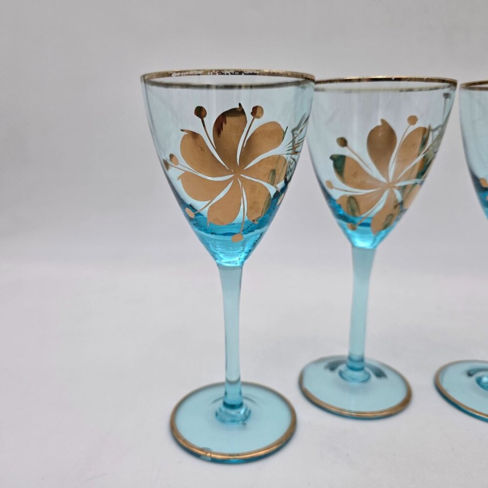 Vintage Romanian Blue Stemmed Wine Glasses With Gold Floral Design Set Of 4 - Picture 3 of 7